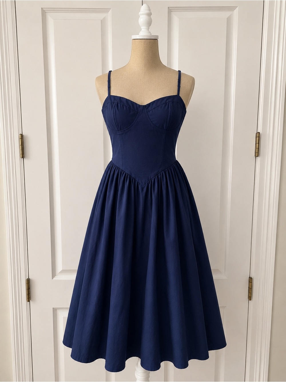 Navy Corset Bodice Midi Dress | Fit & Flare | Adjustable Straps | Size Medium